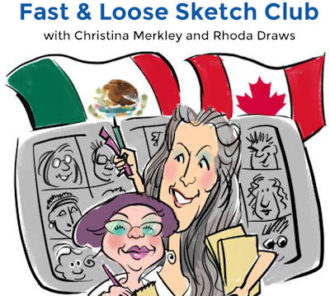 sketches of Rhoda Draws and Christina Merkley in this course graphic with their country flags behind - Canada and Mexico