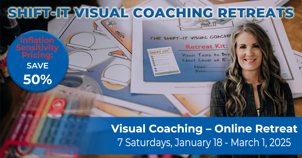 Christina Merkley in front of a table of visual maps and markers for the upcoming Visual Coaching Retreat starting January 18, 2025