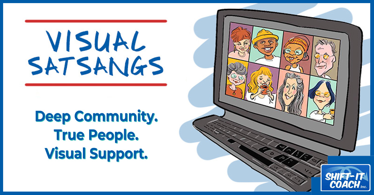 Visual Satsang course banner with sketch of community on a computer and the words: Deep Community. True People. Visual Support.