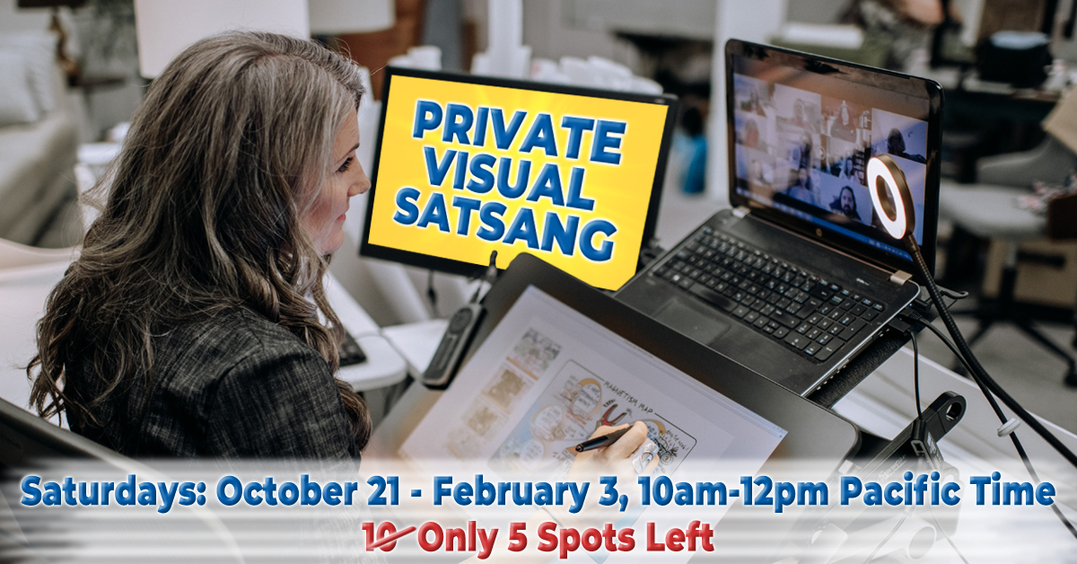 Christina Merkley in her studio drawing a visual map on her drawing tablet. Dates for the Oct 21-Feb 3, Private Visual Satsangs