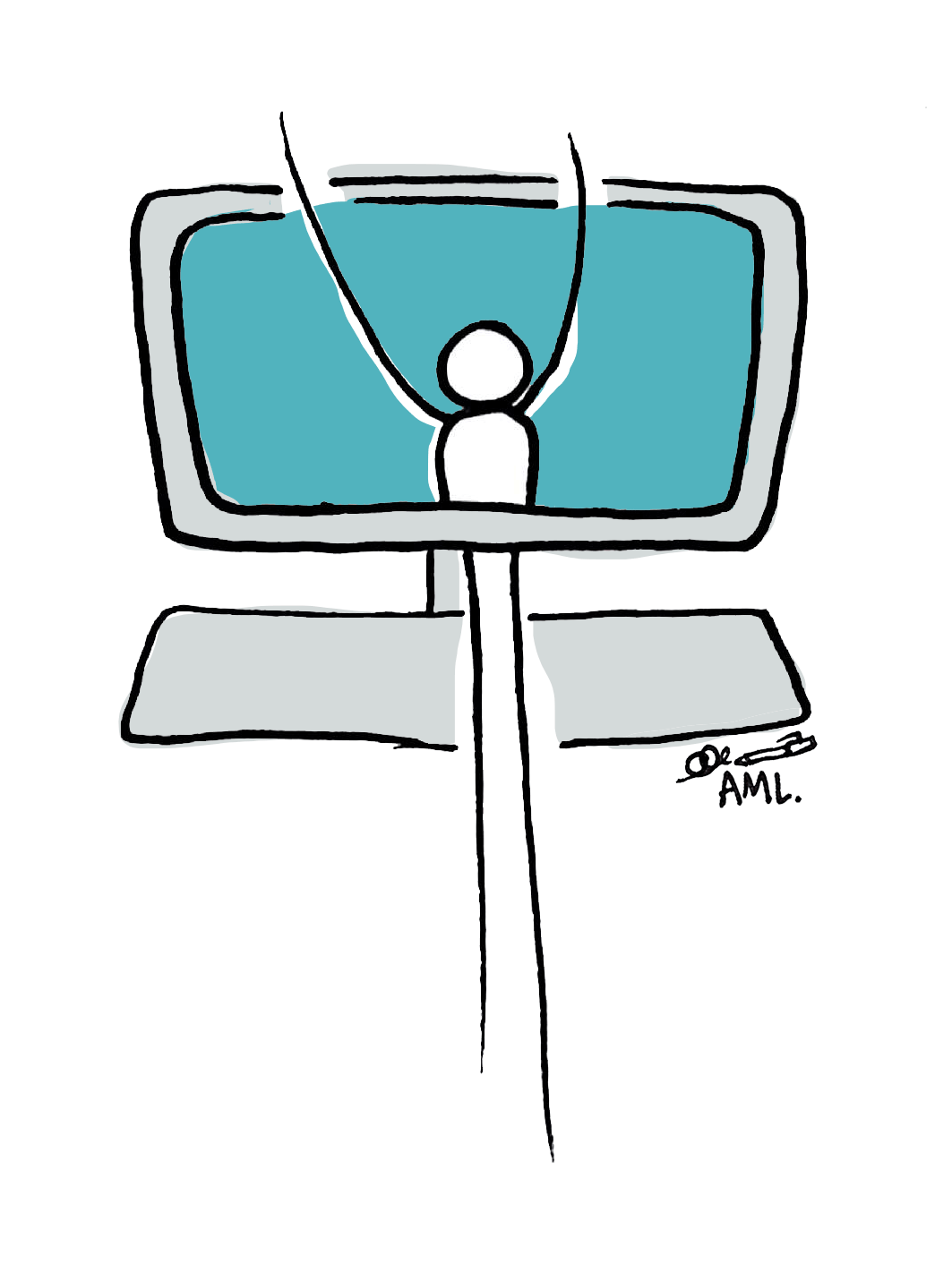 person popping out of a computer screen both shoulder and head as well as legs to signify that said person is grounded in a place